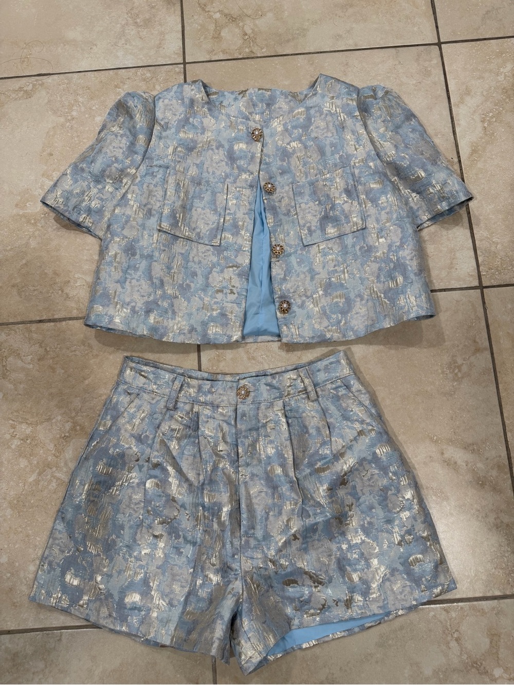 Elegant Blue Metallic Brocade Shorts - Women's Set